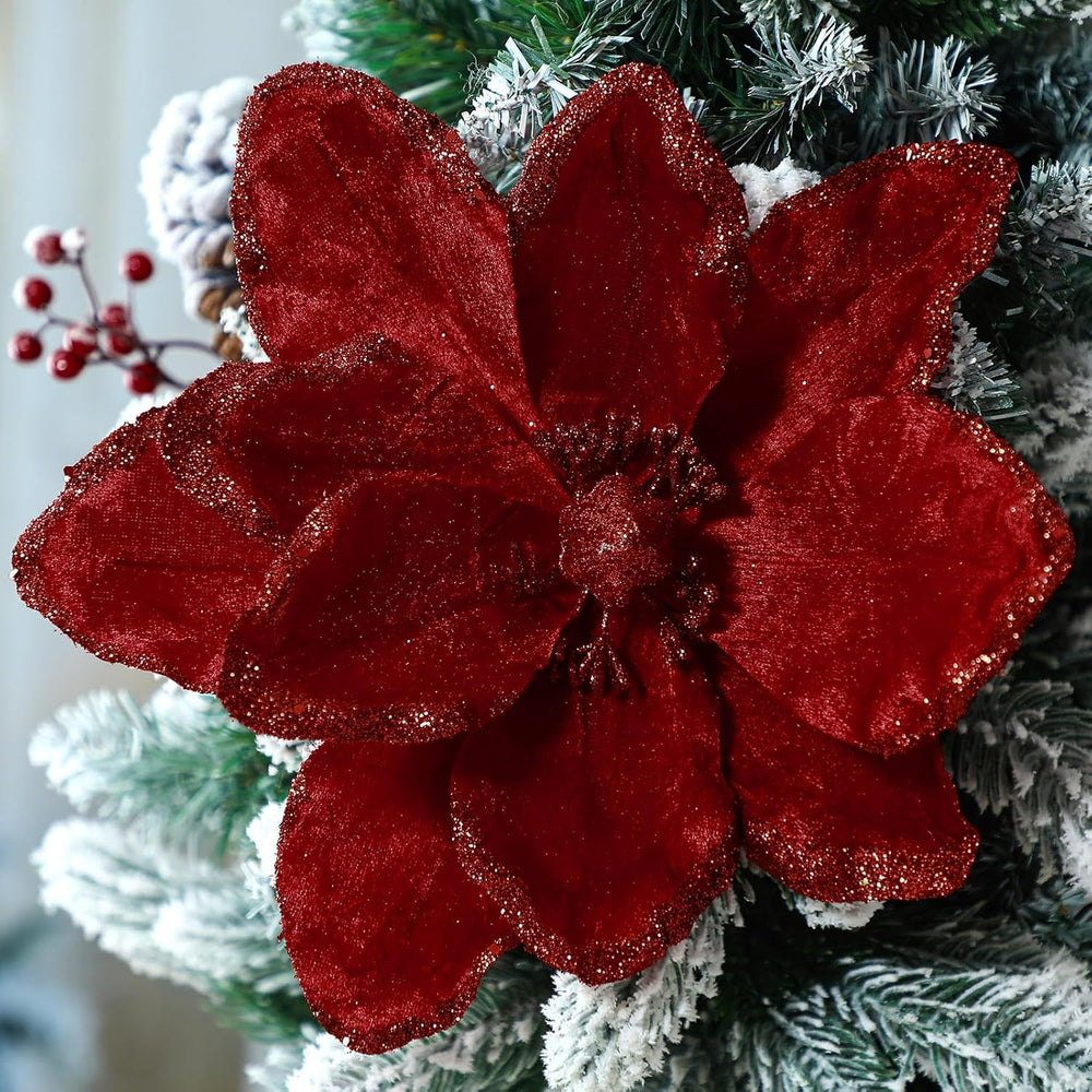 8 Pcs Large 12" Christmas Magnolia Flowers, Burgundy