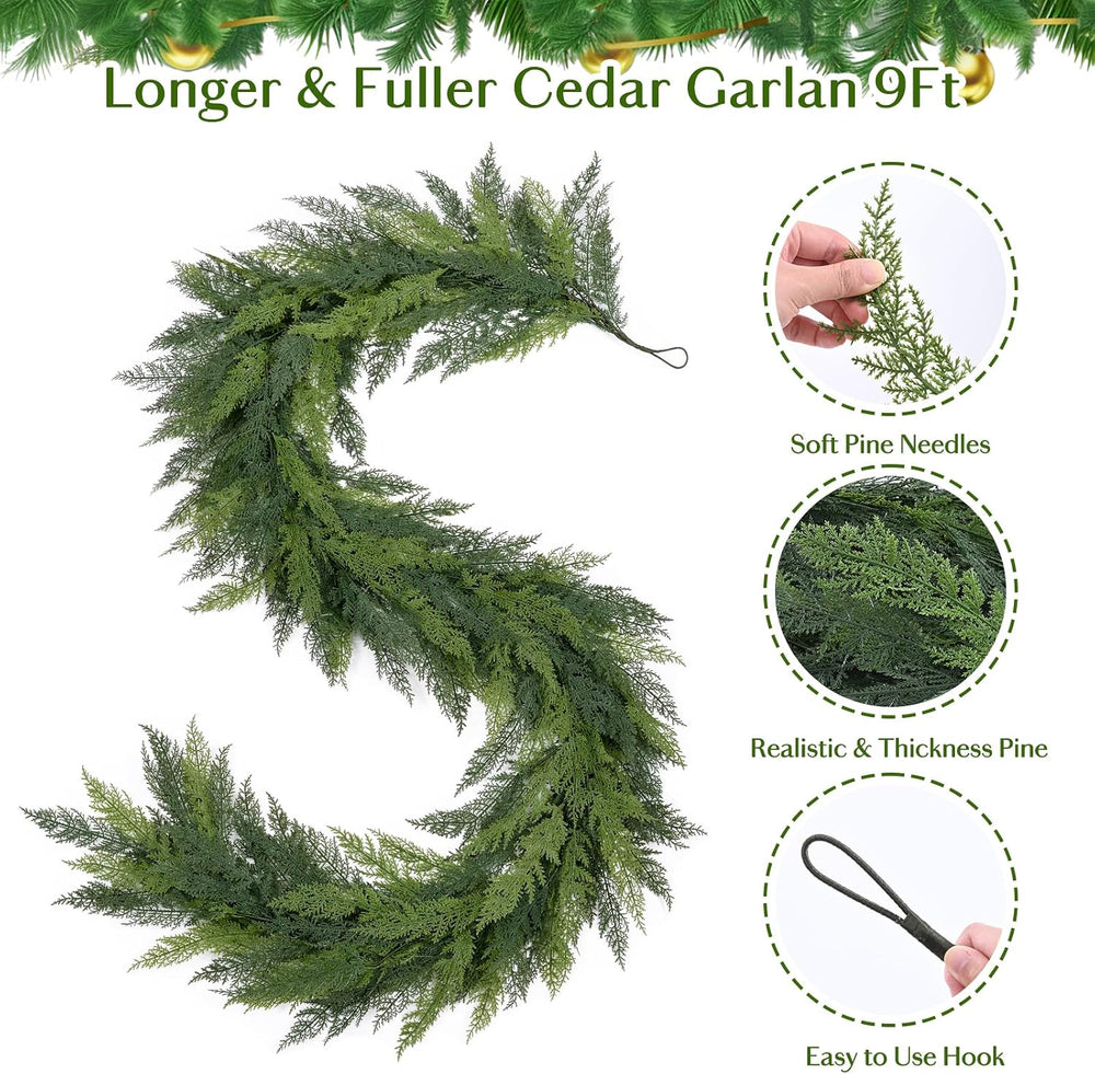 2 Pack 9FT Christmas Cedar Garland with Lights, Faux Greenery Garland