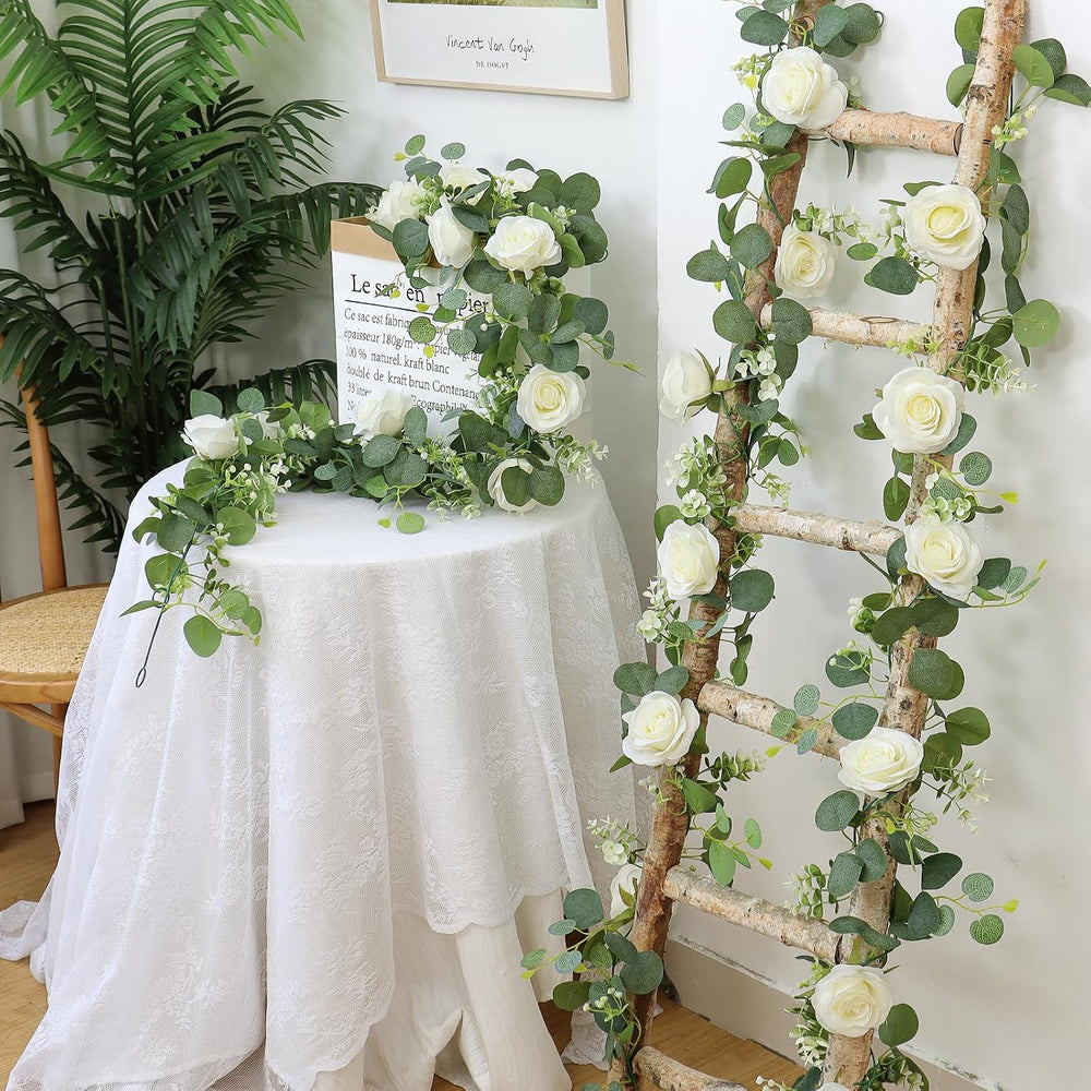 TOCHGREEN 4PCS Artificial Eucalyptus Flower Garland with White Rose Flowers