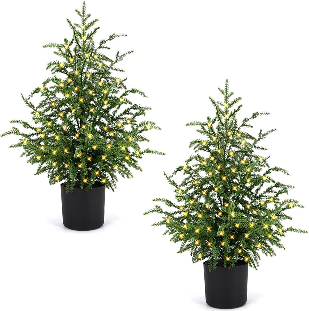 2FT Norfolk Pine Christmas Trees – Set of 2 Small Artificial Pre-lit Trees, 3...