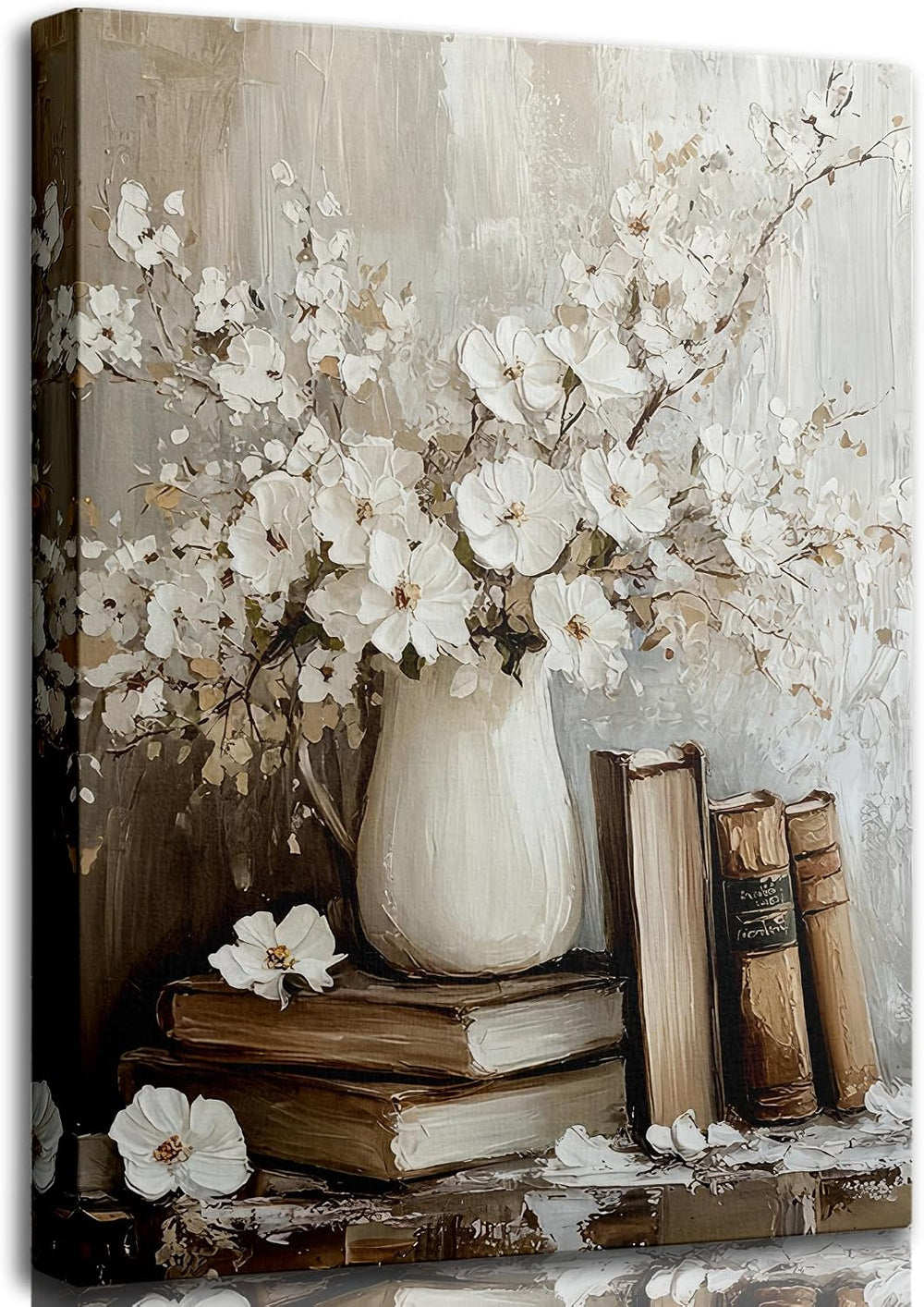 Vintage Books and White Flowers Canvas Wall Art,16x24 Inch
