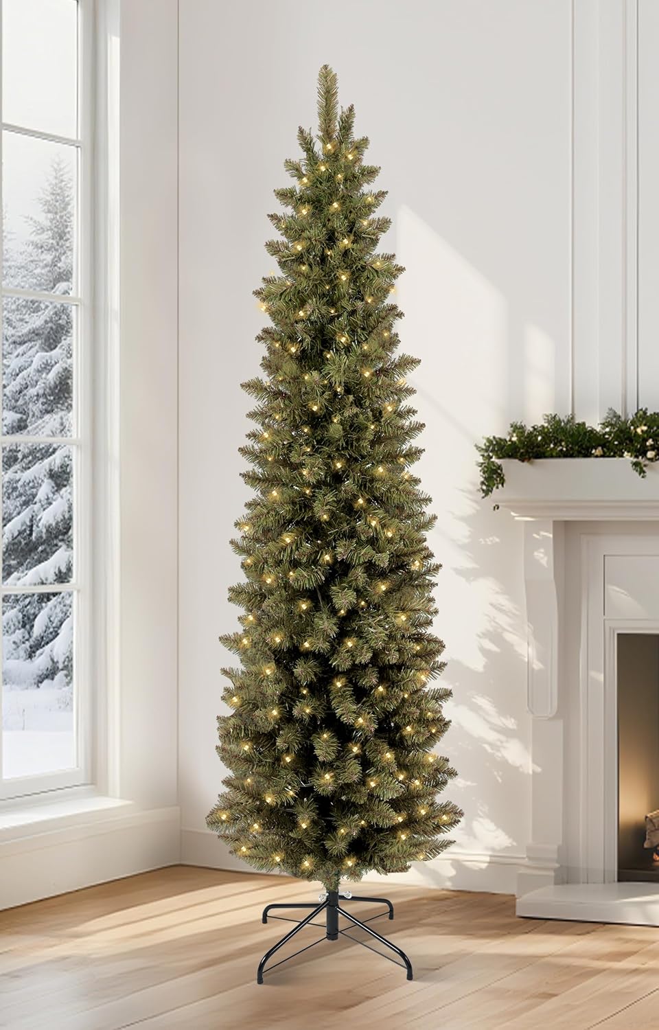 6ft Pre-Lit Fir Pencil Christmas Tree, Green Classic Artificial Slim Skinny C...