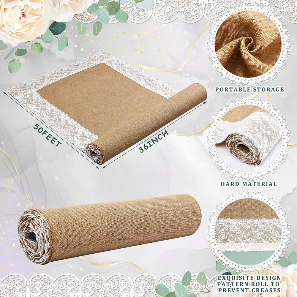 Preboun 3ft X 50 ft Aisle Runner for Wedding Ceremony, Burlap Lace Style