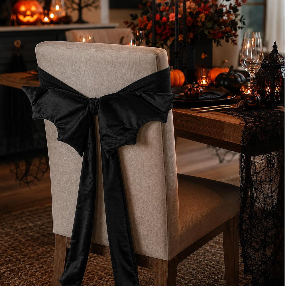6 Pcs Black Velvet Chair Bow Sashes, 33"L Halloween Chair Bow Cover Decor