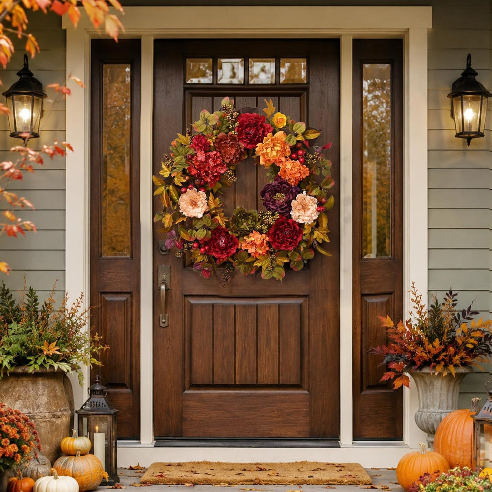 2 Pcs Fall Wreaths for Front Door, 24 Inch Fall Door Wreath with Hydrangea
