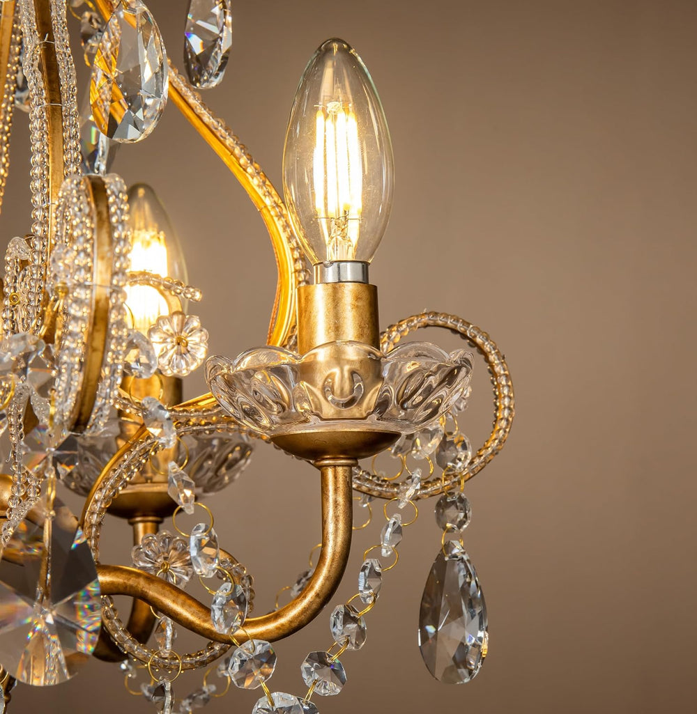 4-Light W14 in. French Country Chandelier Antique Gold Small Crystal Chandeli...