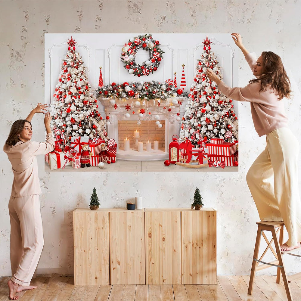 Mocsicka Christmas Fireplace Backdrop, White Red Tree, 10x7ft