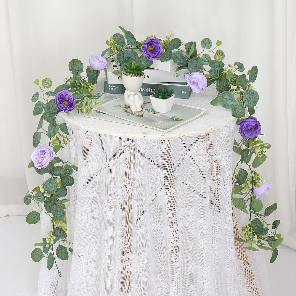 TOCHGREEN 4 Pack Artificial Eucalyptus Flower Garland with Purple Roses