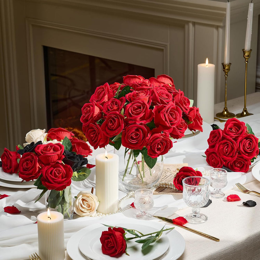AmyHomie 48 PCS Red Roses, Velvet Realistic Fake Flowers w/Stems