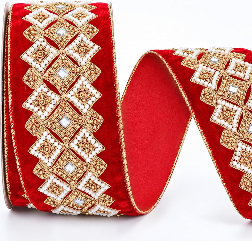 Janinka Christmas Red Velvet Jeweled Ribbon with Embroidery 4.3in x 5.2yd