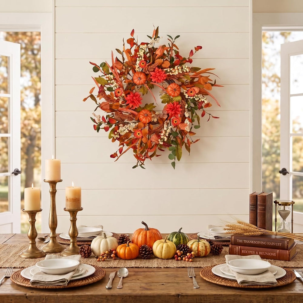 24 Inch Pumpkin Fall Wreath for Front Door with Berry & Mixed Leaves