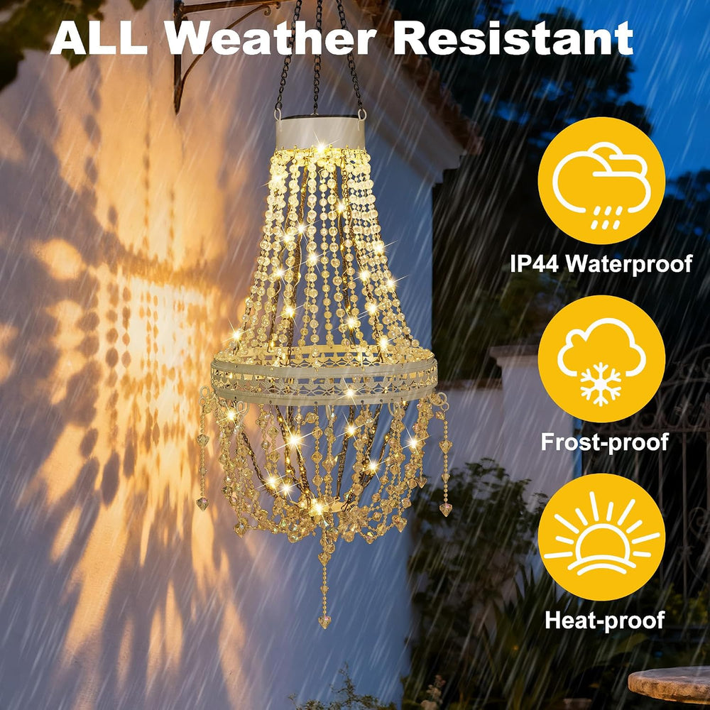 Solar Chandelier Outdoor, Crystal Hanging Solar Garden Lights Waterproof