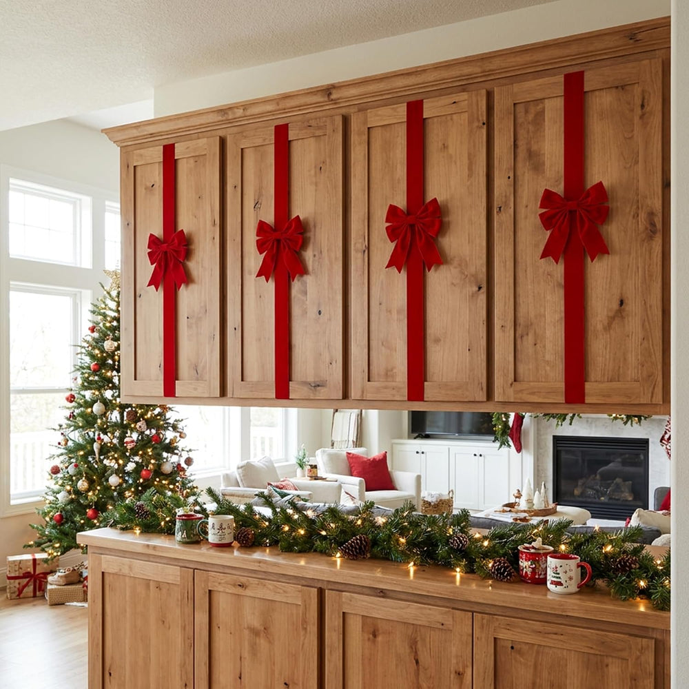 9 Pcs Christmas Cabinet Red Velvet Bow, Adjustable Kitchen Red Ribbon Decor