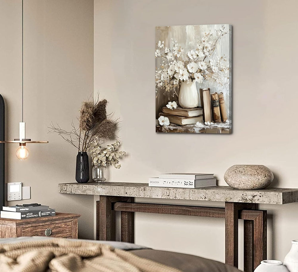 Vintage Books and White Flowers Canvas Wall Art,16x24 Inch