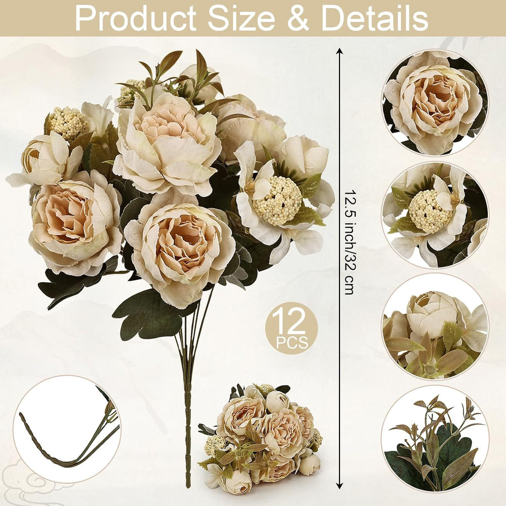 12 Bundles Fake Peony Artificial Flowers - Beige