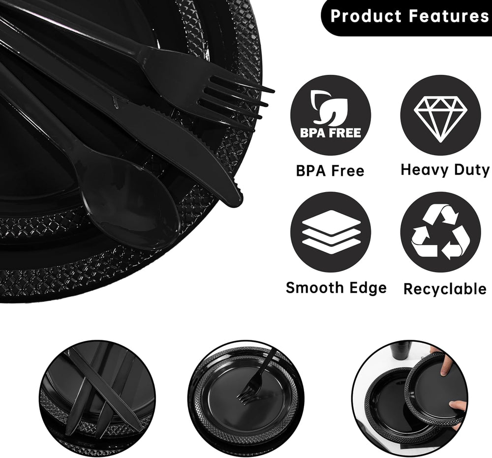 MirthMood 350PCS Black Disposable Plates,black plates disposable for Party