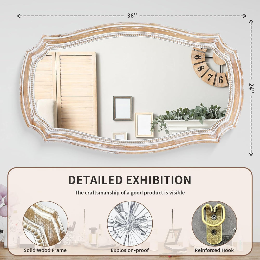 Scalloped Wall Mirror with Wood Frame, 36x24 Inch Distressed Mirrors
