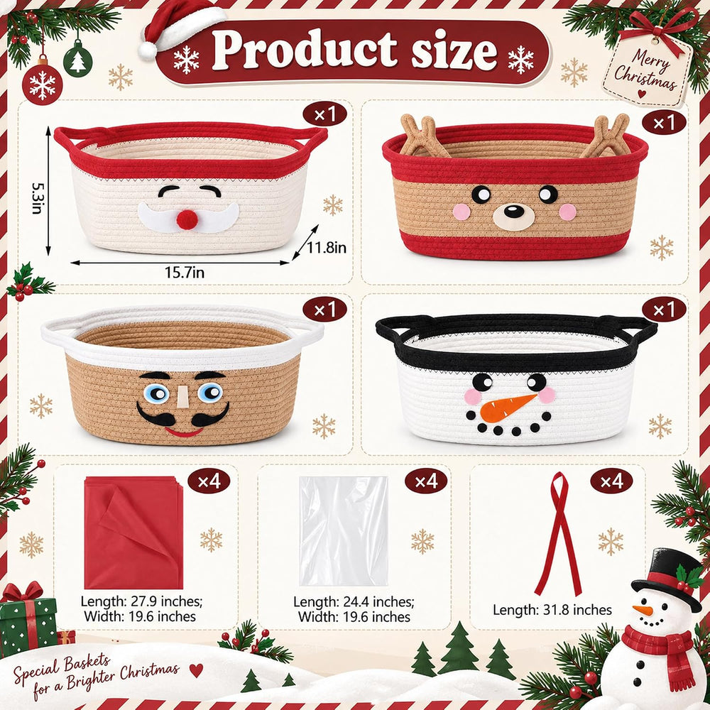4 Pack Large Christmas Woven Basket Empty with Handle, Xmas Storage Baskets