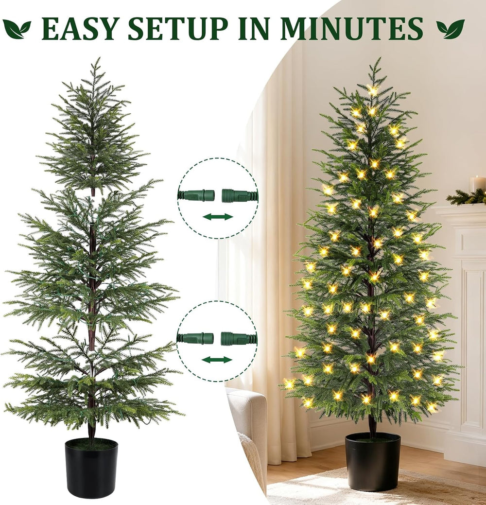 5FT Prelit Norfolk Pine Christmas Tree Real Touch Artificial Cedar Tree with ...