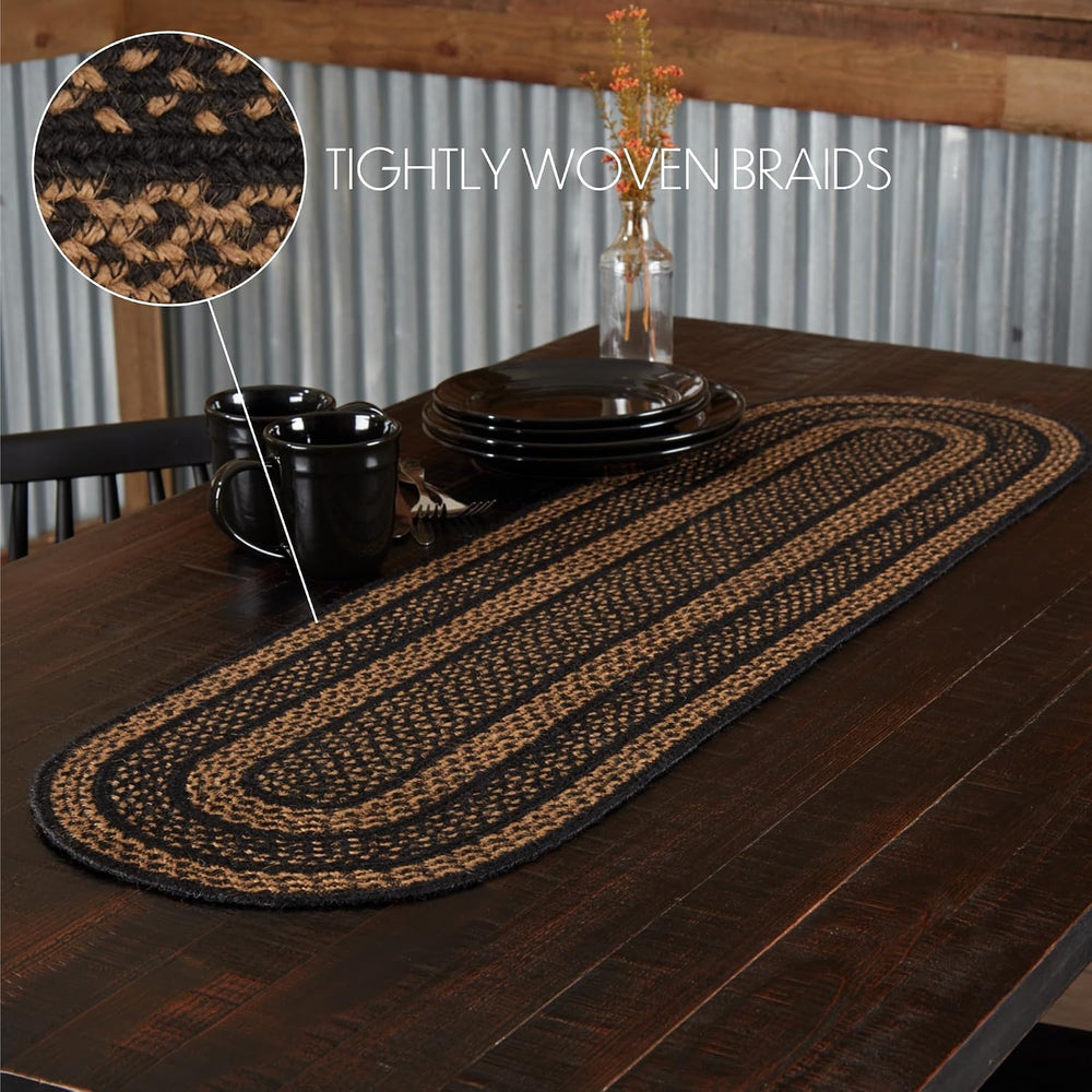 VHC Brands Farmhouse Primitive Jute Black Striped Oval Table Runner Decor 13&...