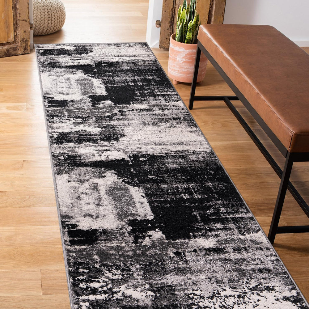 Rugshop Modern Abstract Soft Living Room Bedroom Runner Rug Black 2' x 7&...