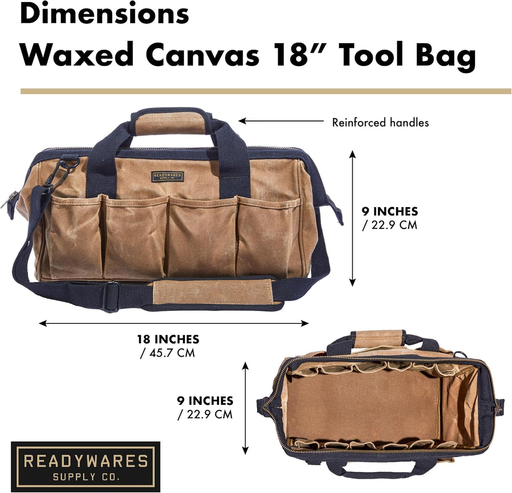 Readywares 18" Tool Bag - Waxed Canvas Heavy Duty Large Toolbag, Tan