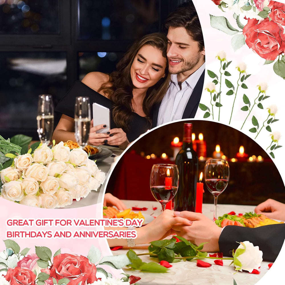 Jexine 50 Pcs Artificial Silk Roses Bulk with Long Stem,Beige Champagne
