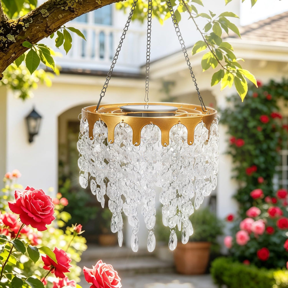 Solar Powered Hanging Chandelier Gold Metal Frame Acrylic Crystal LED Light