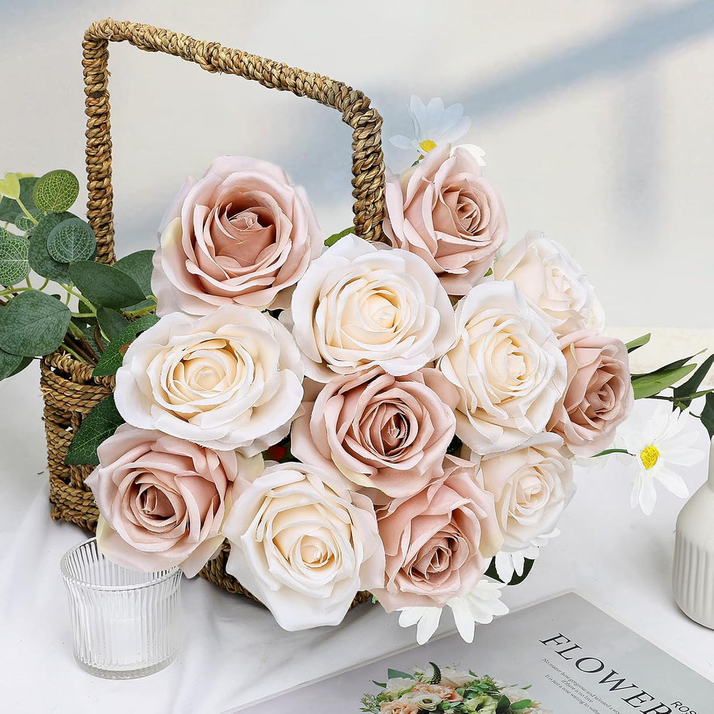 48 PCS Boho & Champagne Roses Artificial Flowers, Silk