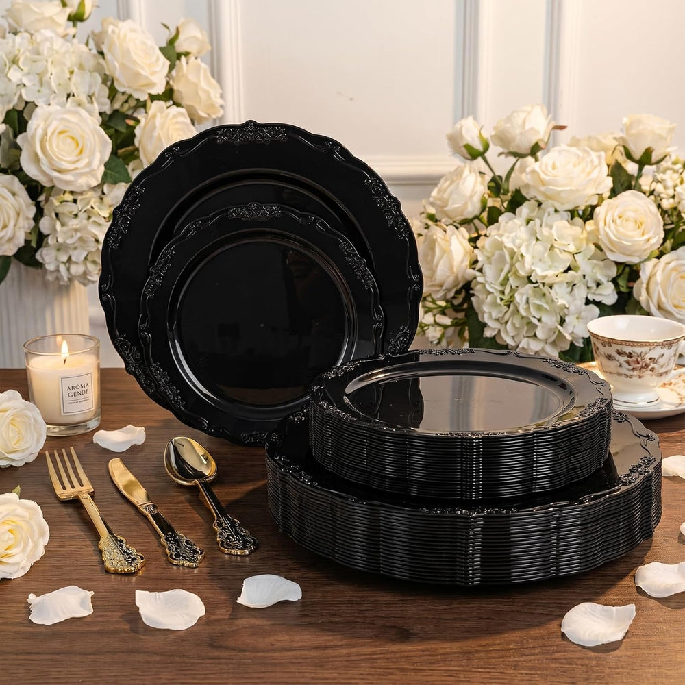 DaYammi 150Pcs Black Plastic Plates & Gold Plastic Silverware Set for Party