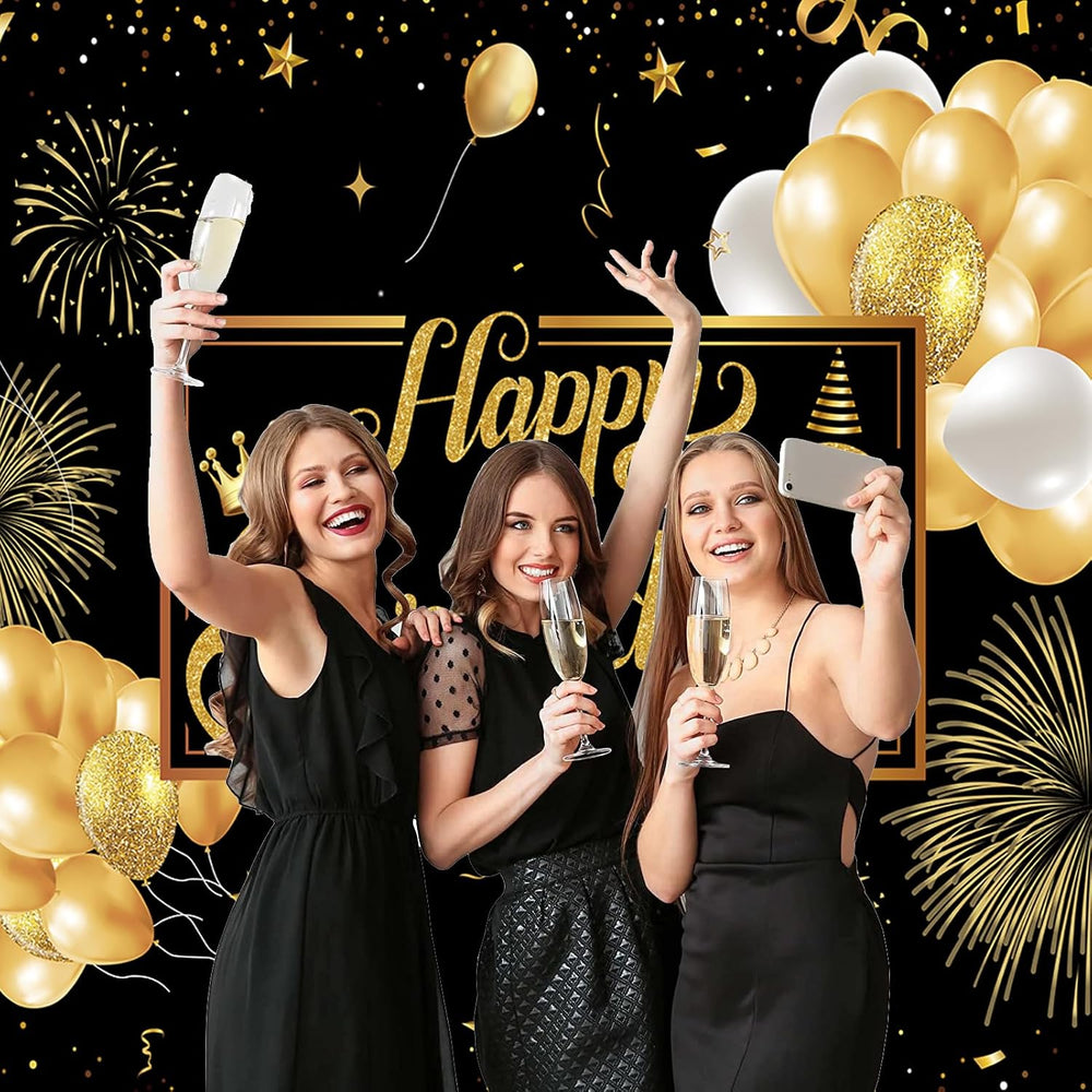 Black and Gold Happy Birthday Party Decoration Backdrop - 10x8ft Golden Ballo...