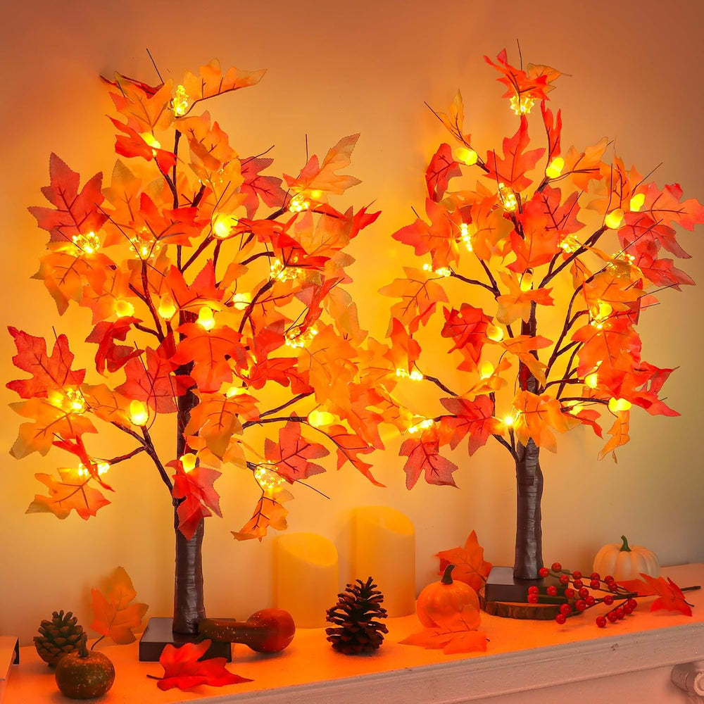 Fall Decor 2 Pack 24 Inch Lighted Maple Tree with 48 LED & Timer, Battery...