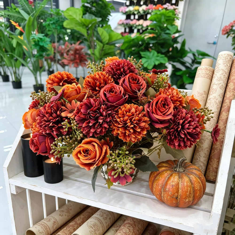 8 Pack Artificial Fall Flowers, Orange Red Silk Faux Bouquet
