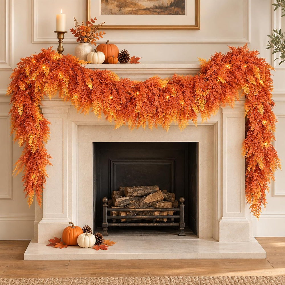 Thanksgiving Decorations, 9 FT Fall Cedar Garland with Lights for Mantle