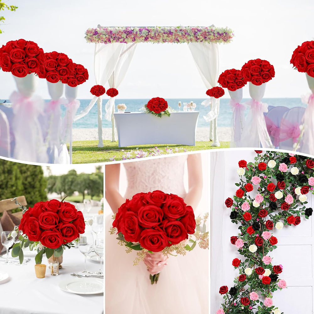 50pcs Fake Red Roses Bulk, Silk Roses Artificial Flowers with Long Stem