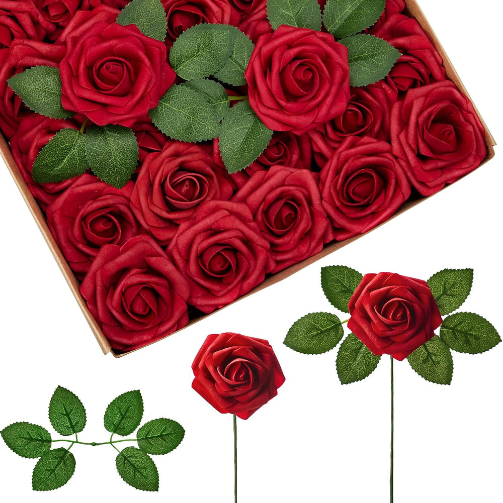 InnoGear Fake Roses 100 Pcs Dark Red Flowers Artificial Faux Foam Floral