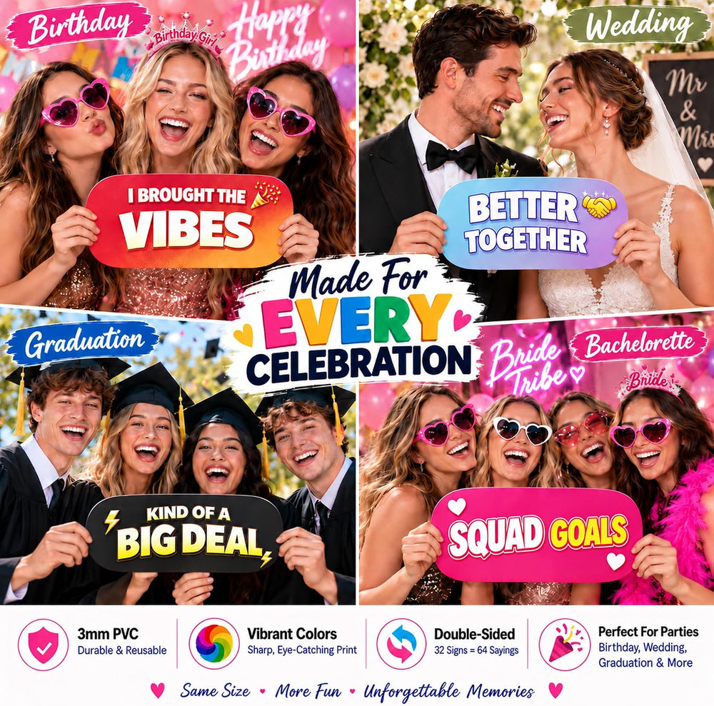 64 Designs Funny Photo Booth Props, 32 Double Sided PVC Signs