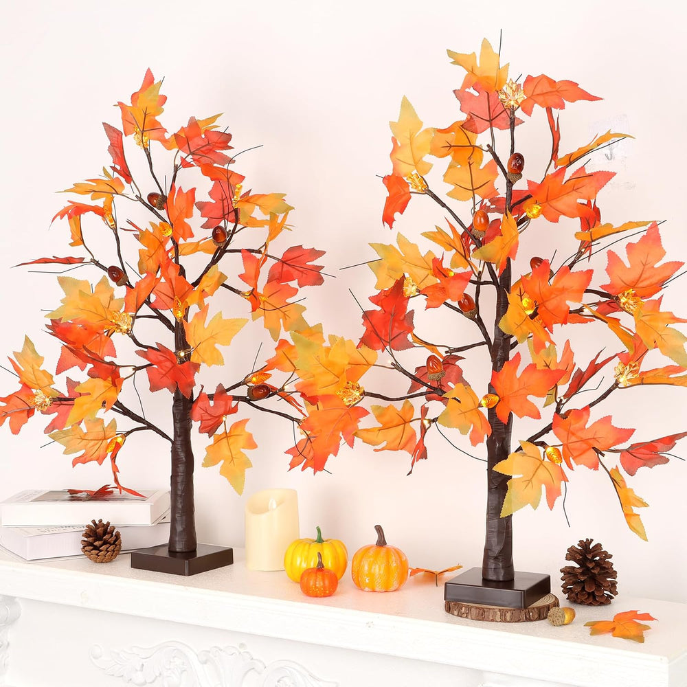 2 Pack 24 Inch Lighted Fall Maple Trees, Battery Operated Artificial Thanksgi...