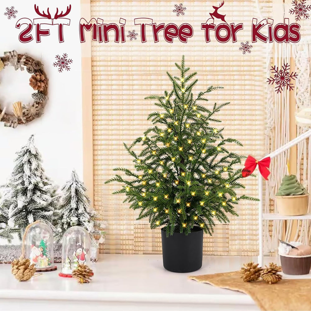 2FT Norfolk Pine Christmas Trees – Set of 2 Small Artificial Pre-lit Trees, 3...