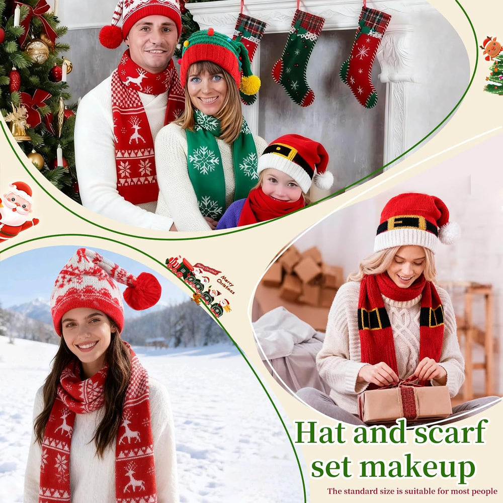 8PCS Christmas Knitted Hat and Santa Scarf Set, Elf Hat Crochet Christmas Sca...