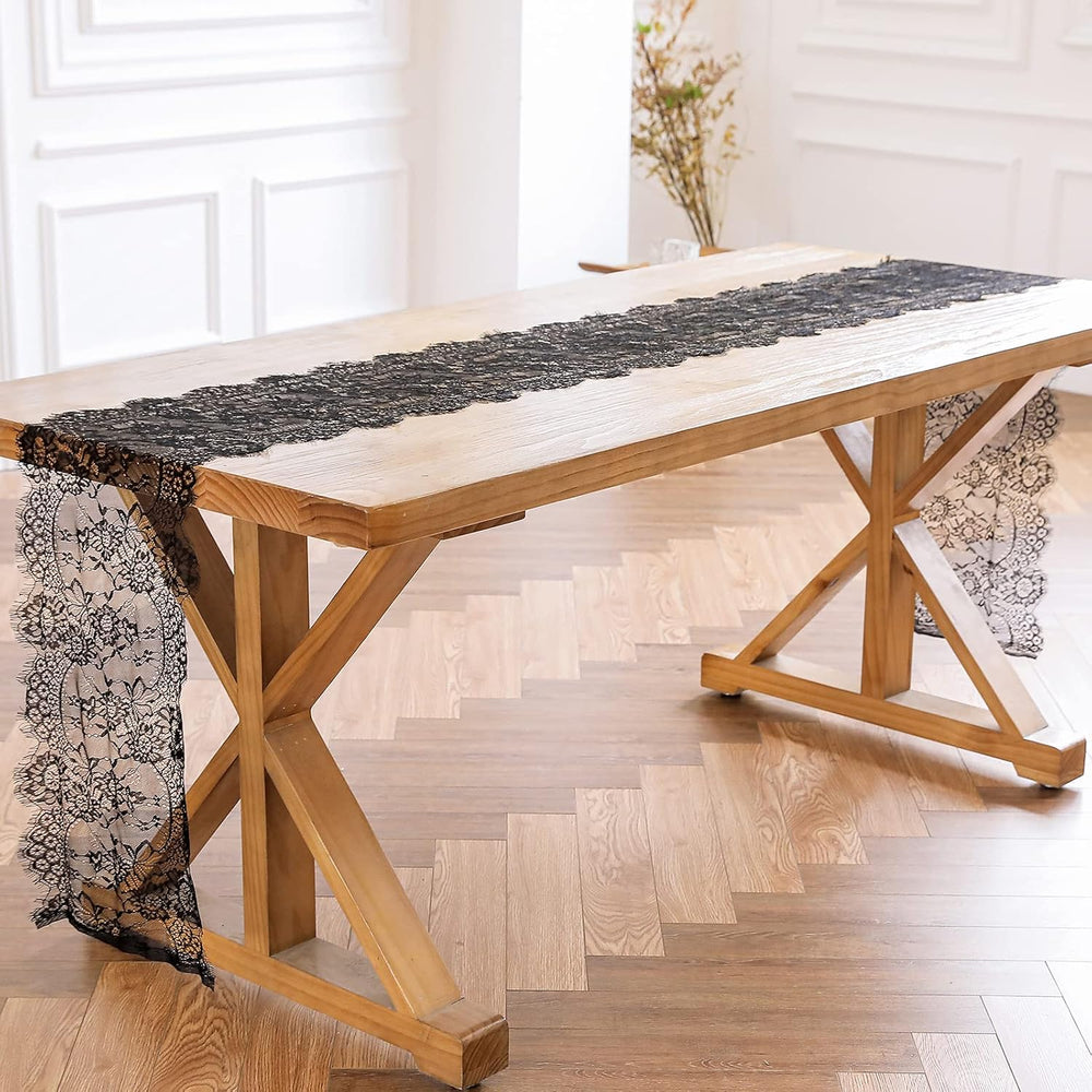 Black Lace Table Runner 14 x 120 Inch Floral Embroidered Fabric Decoration