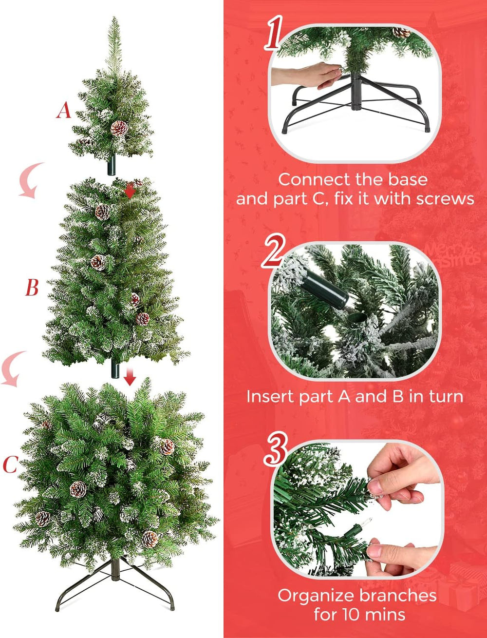 OasisCraft 7ft Snow Pencil Christmas Tree, Pre-lit Artificial Slim Christmas ...