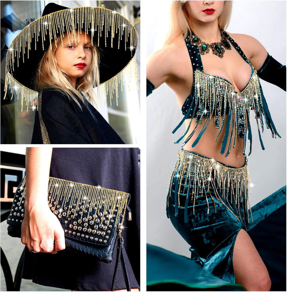 MTLEE Rhinestone Fringe Trim Fringe Belt, 4 Yard, Champagne