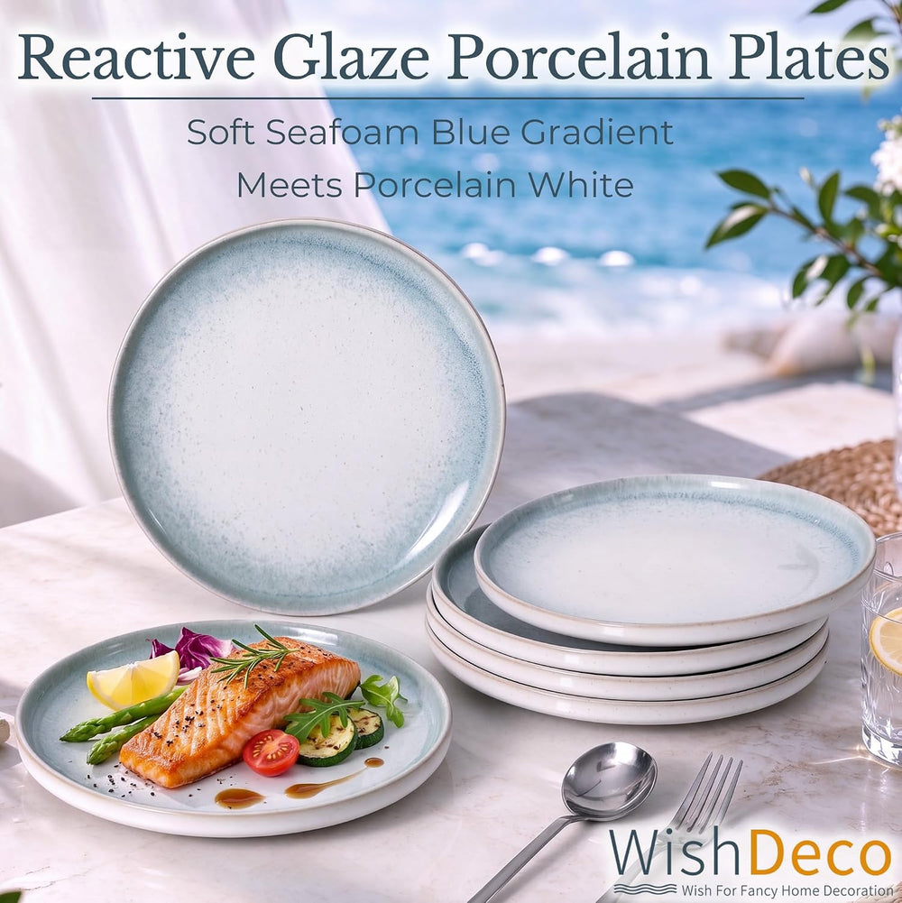 WishDeco Ceramic Dinner Plates Set of 6, Modern Blue Salad Plates 9 inch