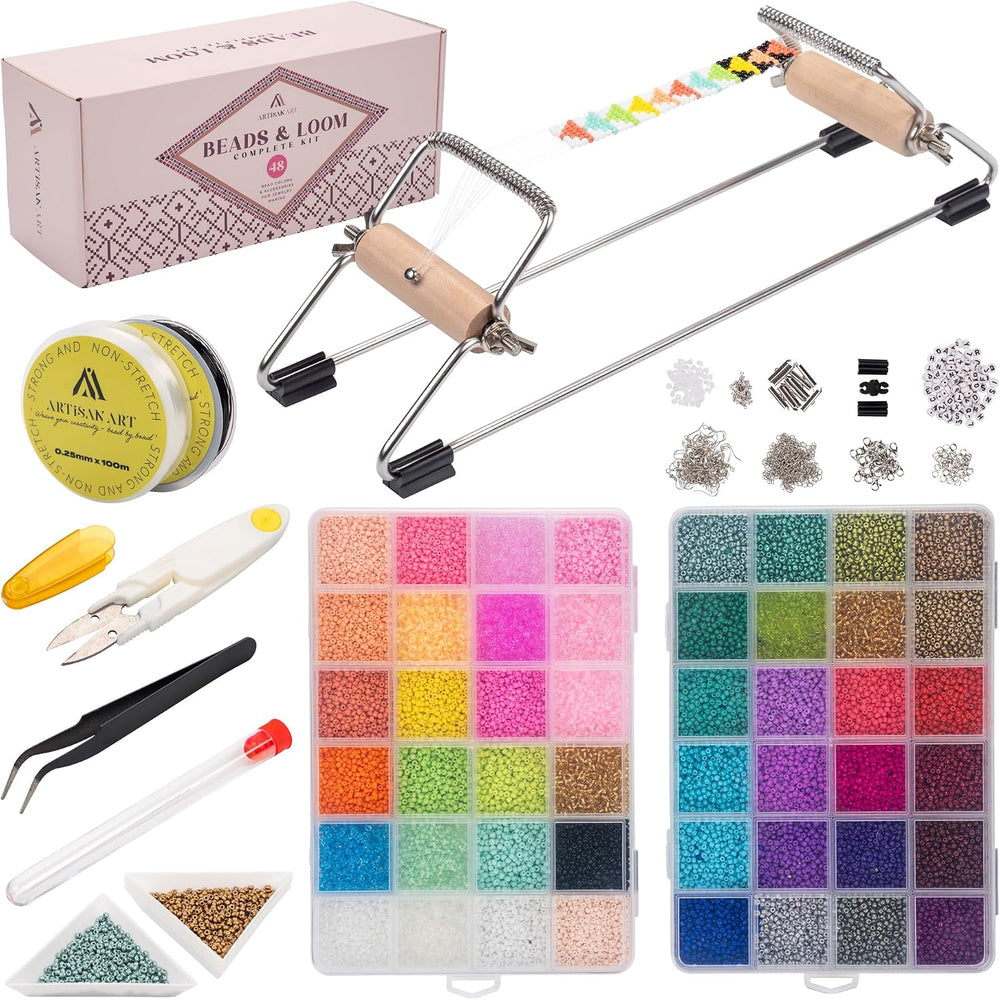 Complete Bead Loom Kit with 24,000 Colorful Glass Beads for Jewelry Making, N...