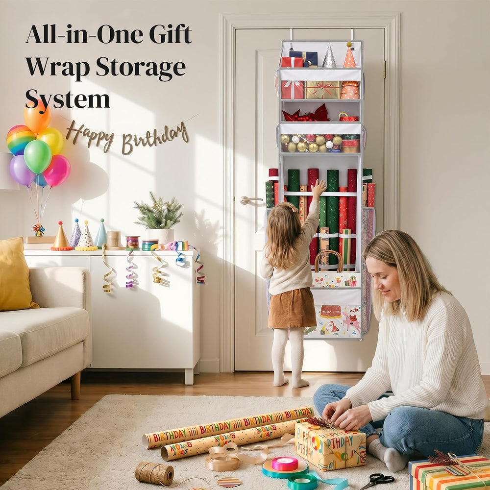 Wrapping Paper Storage Organizer – Over The Door Hanging Gift Wrap Holder for...