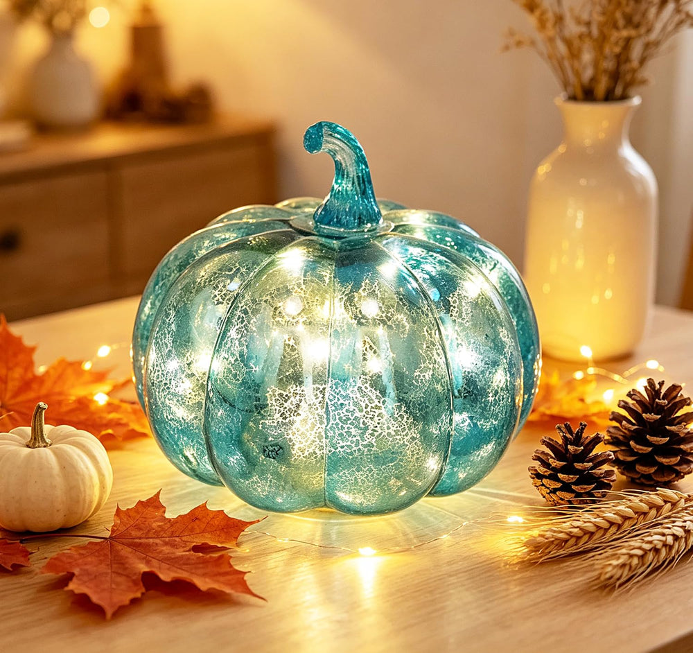 Fall Decorations for Home,Mercury Glass Pumpkin Lights with Timer(Blue)