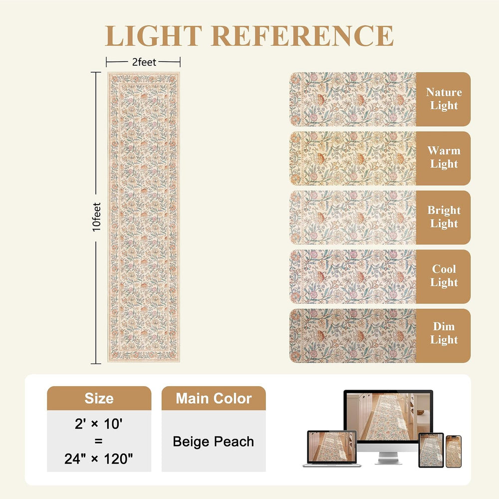 2x10 Runner Rug for Hallway, Washable Vintage Floral Rug, Beige