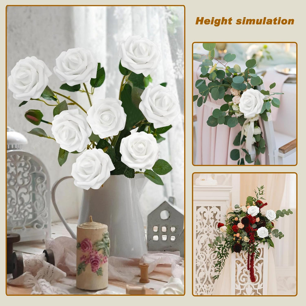 100 PCS White Artificial Flowers Realistic Roses - Real Looking Fake Roses wi...