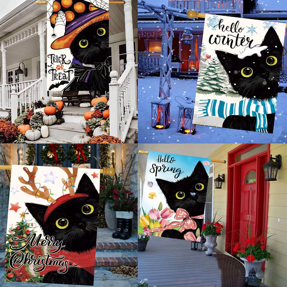 Cat Garden Flags Set of 11, Double Sided 28 x 40 Inch Black Cat House Flags